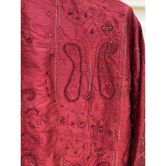 VNTG Chico's Design Medium/1 Red Pure Silk Jacket Abstract Beaded Embroidery NWT - Picture 8 of 11